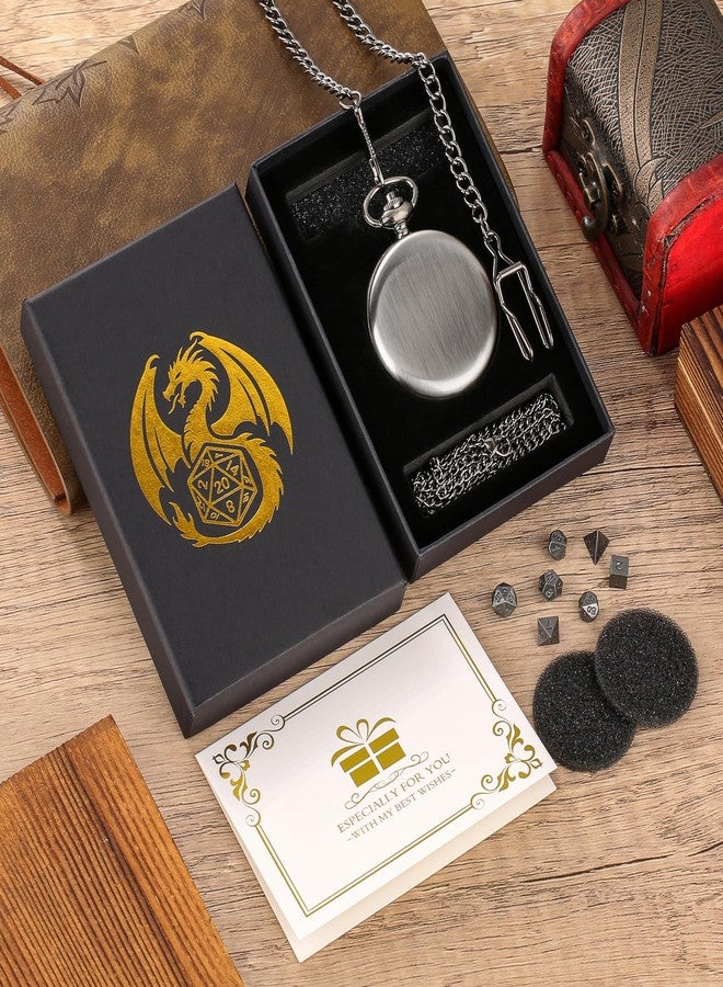 Keller & Weber Mini DND Dice Set with Smooth Pocket Watch Shell Case, 7pcs Polyhedral Metal D&D Dice Accessories, DND Gifts with Box for Player, Role Playing Board Games Accessories, DND Gifts, Dark Silver - Image 3